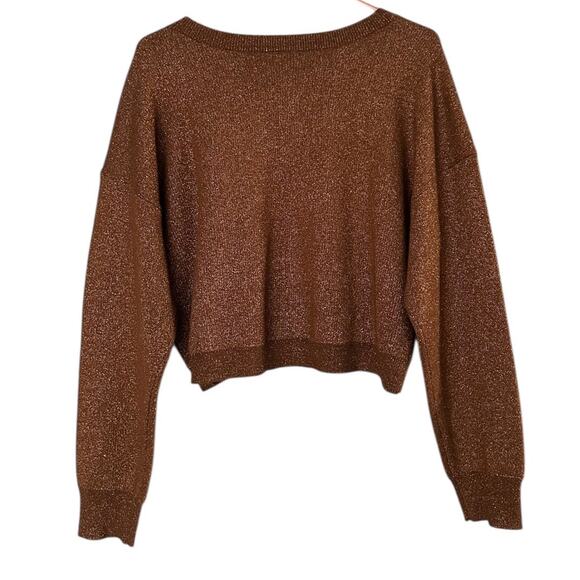 Anthropologie Gemini Brown Metallic Sweater Women's L Cropped Twist Front NEW - Picture 2 of 5